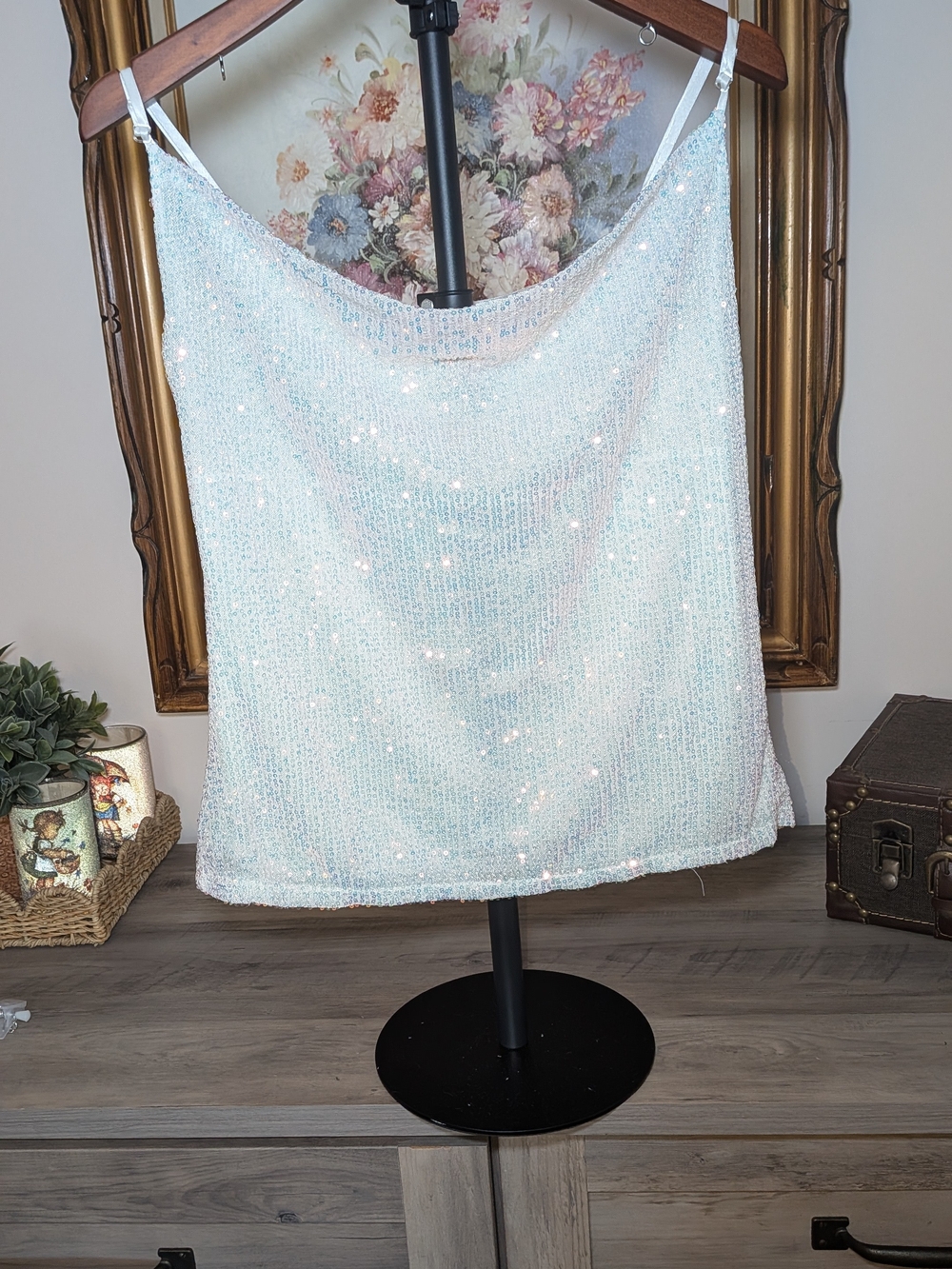 White Rhino White Iridescent Sequin Cami Top Medium